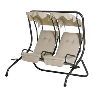 Moderna Sedia a Dondolo da Esterno Beige a 2 Posti con Portabicchieri e Tettuccio Rimovibile - Product Image 1