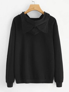 Sweat-shirt décontracté en coton noir pour femme, avec oreilles de chat, imprimé dessin animé, poche avant, vente en gros, best-seller, personnalisable, hiver uni - Product Image 3