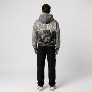 Sweat à capuche gris délavé personnalisé, coupe courte, imprimé ange Renaissance vieilli, lettres universitaires en strass, style streetwear, fournisseur en gros - Product Image 4