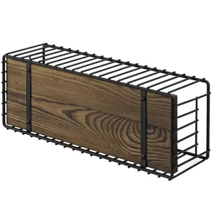 Cesta de Alambre Metálico Industrial con Base de Madera, Bandeja Decorativa Rectangular para Almacenamiento y Exhibición en el Hogar - Product Image 3