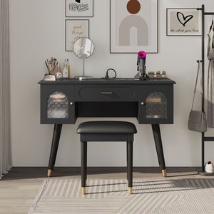 Set Moderno ed Elegante di Tavolo da Trucco Nero con Sedia, Toeletta Moderna con Organizer, Scrivania e Porta di Ricarica - Product Image 2