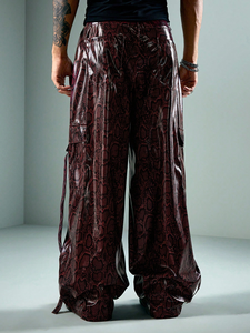 Snake Print Leather <b>Trousers</b> Burgundy Lambskin Embossed <b>Pattern</b> Wide Leg Baggy Cut Side Pockets Glossy Finish Unisex - Product Image 5