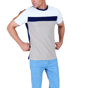 Men's <b>Light</b> Gray Color Block T Shirt Crew Neck Short Sleeve Casual Summer Fashion Tee With Contrast Chest Stripe - Product Image 5