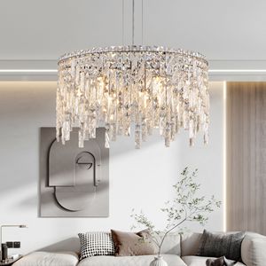 Lampadario di Lusso in Cristallo Argento da 24 Pollici, Lampada a Sospensione Rettangolare Contemporanea per Sala da Pranzo e Soggiorno - Product Image 1