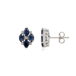 Oval Cut 100% Natural Blue Sapphire & Round Cut Diamond Cluster Floral Design 925 Sterling <b>Silver</b> <b>Stud</b> Earrings for Women's - Product Image 3