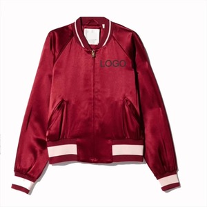 Women's Burgundy Satin Varsity Jacket Full Sleeve Solid Color Turn-down Collar Zipper Closure Autumn Wear - Product Image 1