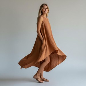 Vestido Maxi de Lino Oversize para Mujer, Sin Mangas, Estilo Kaftan Asimétrico, Bohemio, para Resort, Dulce y Natural - Product Image 3