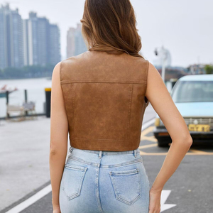 Chaleco de Cuero Genuino para Mujer, Color Marrón, Casual, Sin Mangas, Cuello Alto, Cierre de Broches, Top Corto, Prenda Exterior de Moda para Dama, Superventas - Product Image 6