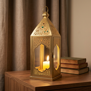 Lanterne marocaine majestueuse avec un motif en filigrane complexe et du verre transparent pour une décoration de mariage de Ramadan haut de gamme - Product Image 1