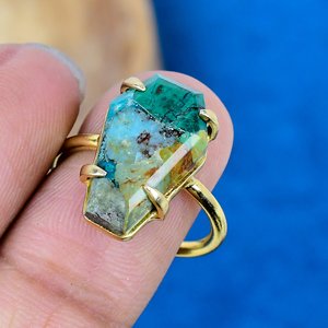Handmade Boulder <b>Turquoise</b> Coffin Shape <b>Ring</b> Gemstone 18K Gold Micron Over 925 Sterling Silver <b>Ring</b> - Product Image 3