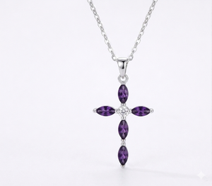Purple Cross Pendant <b>Necklace</b> Marquise Stone Charm <b>Necklace</b> <b>Silver</b> Tone Chain Gift Jewelry - Product Image 1