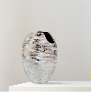 Handmade Textured Silver Metal Oval <b>Vase</b> Modern Decorative Vessel <b>Unique</b> Offset Opening Living Room Centerpiece Accent - Product Image 2