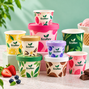 Vasos para Helado EcoRev de 500 ml, Compostables, de Papel de Una Sola Pared, con Diseño de Hojas Impresas Digitalmente, Aptos para Alimentos - Product Image 1