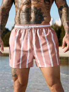 Shorts de verano para hombre, a rayas, con cordón en la cintura, shorts de playa de secado rápido, bañador con estampado rosa y blanco, hecho en Pakistán. - Product Image 3