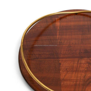 High Quality Custom Acacia Wood and Brass Handle Round Food Serving <b>Tray</b> With Handles for Table Decoration - Product Image 4