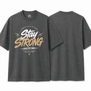 Camiseta de Manga Corta para Hombre, Color Gris Oscuro, Cuello Redondo, Corte Regular, 100% Algodón, Diseño con Estampado Frontal de Personajes, Ecológica, Diseño Stay Strong - Product Image 1