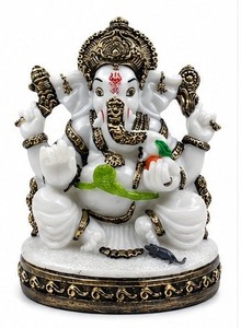 Handcrafted Resin Ganesha <b>Statue</b> White Religious Asian Zen Design <b>Gold</b> Tone Desk Decor Home Office Gift - Product Image 4
