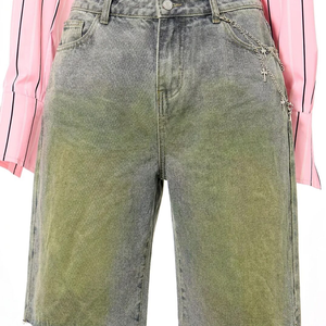 Shorts de mezclilla de cintura alta para mujer, lavado a la piedra, corte holgado, pierna recta, casuales de verano, color caramelo, de algodón con detalles de remaches - Product Image 3