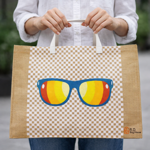 Jute Canvas Tote <b>Bag</b> with PU Handle | Eco Friendly <b>Reusable</b> Shopping <b>Bag</b> Customized Check Pattern Sunglasses Print Stylish Carry - Product Image 2