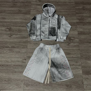 Personalizar Sudadera con capucha de los hombres Vintage Acid Wash Sun Fade Impreso Rhinestone Sudadera con capucha pantalones cortos Heavyweight Cotton HOODIE Sweat suit - Product Image 3