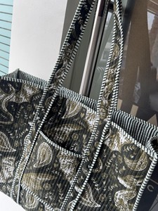 Quilted Cotton Boho Gingham Green Stripe Handprinted Reversible Large Tote Bag Eco-Friendly Sustainable Sturdy Grocery Fashion - Product Image 5