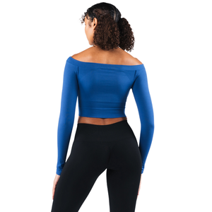เสื้อครอปแขนยาวสีน้ำเงินแบบเปิดไหล่สำหรับผู้หญิง เหมาะสำหรับโยคะ ฟิตเนส เทรนนิ่ง ออกกำลังกาย และชุดลำลอง - Product Image 4