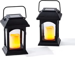 Small Outdoor Solar Lanterns - 6 Inch Black Lantern with Solar Powered LED Candle, Waterproof