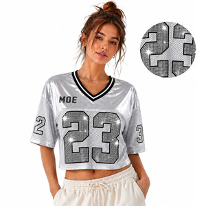 Jersey Deportivo Corto Metálico Plateado Y2K con Número de Equipo Personalizado y Pedrería Brillante de Gran Tamaño para Fútbol Americano - ¡Venta Caliente! - Product Image 1