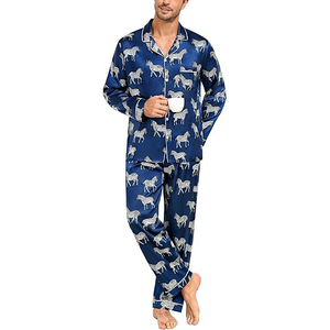 Pijamas de seda para hombre, conjunto de ropa de dormir de satén azul con estampado animal de manga larga, ropa informal de primavera - Product Image 5