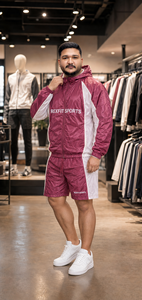 REXFIT SPORTS 2026 Ensemble de survêtement personnalisé pour homme en nylon bordeaux et blanc, 2 pièces, veste coupe-vent à capuche et short, avec marque privée - Product Image 3