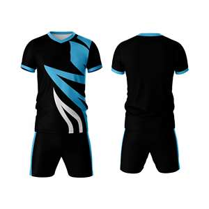 Conjunto de Camiseta y Pantalones Cortos de Fútbol Geométricos Negros y Azules para Hombre, Cuello en V, Absorbe la Humedad, Ajuste Atlético, Estampado Sublimado, para Todas las Temporadas - Product Image 1