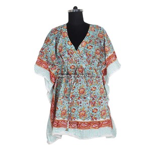 Caftán de Algodón Estampado a Mano, Abaya India Hecha a Mano, Diseño Maxi KFCS041 con Mangas Cortas, Talla XL, Estilo Dubái - Product Image 6