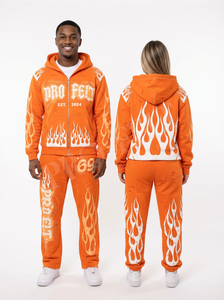 Ensemble de survêtement unisexe tendance avec sweat à capuche zippé imprimé flamme et pantalon évasé, style streetwear et sportswear - Product Image 3