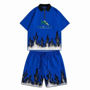 Custom <b>Men</b> Flame Print Half <b>Zip</b> Polo Shirt <b>Shorts</b> Set 2 Piece Summer Streetwear Hip Hop Outfit Casual Active Wear Clothes - Product Image 5