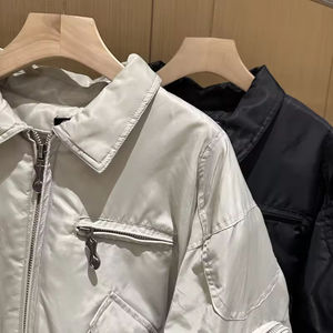Men's Light Gray Bomber <b>Jacket</b> Turn-down Collar Zipper Closure Casual Solid Color Polyester Material Autumn Wear Regular Fit - Product Image 5