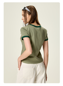 Ville Sports Women's Olive Green Crew Neck T-Shirt 100% Polyester Jersey Full Sleeve Solid Color Casual Breathable Button - Product Image 5