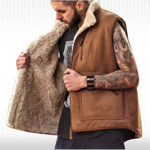 Chaleco de Piel de Oveja Marrón, Chaleco Estilo Bomber para Hombre - Product Image 4