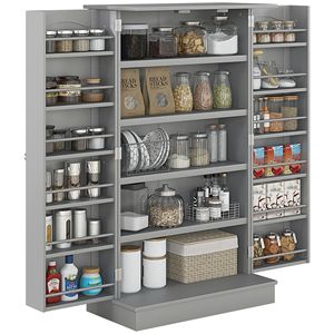 Armadio Moderno a 2 Ante in Truciolato con 5 Ripiani in Legno e 12 Portaspezie - Dispensa Grigia Regolabile - Product Image 1