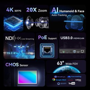 Caméra PTZ Tenveo 4K 20X NDI avec suivi IA (3 pièces) & contrôleur joystick à écran LCD 7 pouces & commutateur PoE 8 ports pour diffusion en direct - Product Image 2