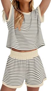 Ensemble short rayé 2 pièces pour femme, col rond, manches courtes, coupe ample, en coton, tenue décontractée d'été avec poche - Product Image 3