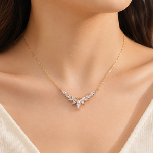 Collar de Oro Rosa de 14K con Diamante Cultivado en Laboratorio, Diseño de Hoja Marquise, Collar con Alas Marquise, Cadenas de Oro Fino, Collar para Boda - Product Image 1