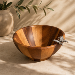 Luxury Handcrafted Acacia Wood Salad <b>Bowl</b> With Intricate Pewter Butterfly Accent <b>Large</b> Eco-Friendly Wooden Serving <b>Bowl</b> For Sale - Product Image 5