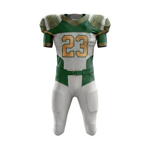 Ensemble d'uniformes de football américain pour hommes, maillot sublimé 100% polyester, pantalon rembourré, évacuation de l'humidité, col en V, gris, vert, or, personnalisé - Product Image 2