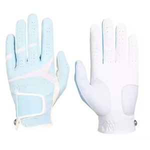 Golf Gloves Unisex White and Light Blue Genuine Leather Breathable <b>Snap</b> Closure Right Hand Sports Use - Product Image 1