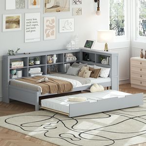 Letto a giorno in legno grigio a una piazza e mezza con letto estraibile, porte USB e ripiano portaoggetti - Letto per bambini - Product Image 2