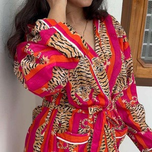 Bata Kimono de Algodón con Estampado de Tigre para Mujer, Bata de Baño Roja Estilo Boho, Kimono Ligero de Verano, Túnica de Playa, Ropa de Estar por Casa - Product Image 6