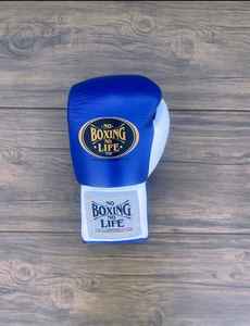 Gants de boxe en cuir bleu et blanc à lacets, pour entraînement professionnel, sparring, sac de frappe, équipement de combat. - Product Image 2