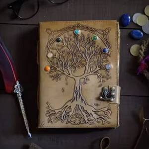 Diario de Cuero Genuino Vintage, Grimoire de las Siete Piedras con Diseño de Árbol de la Vida, con Borde Irregular, para Brujas y Hechizos Místicos - Product Image 1