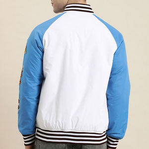Men's White Blue Varsity <b>Jacket</b> With <b>Patchwork</b> Design Zipper Closure Casual Outdoor Sports Style - Product Image 4