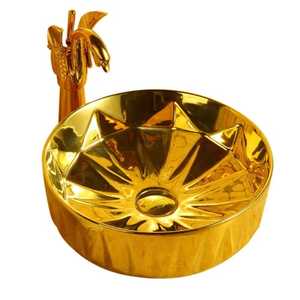 Luxury <b>Round</b> Diamond Cut Gold Vessel Sink Above Counter Artistic Golden Bathroom <b>Basin</b> High End Ceramic Vanity Bowl - Product Image 1